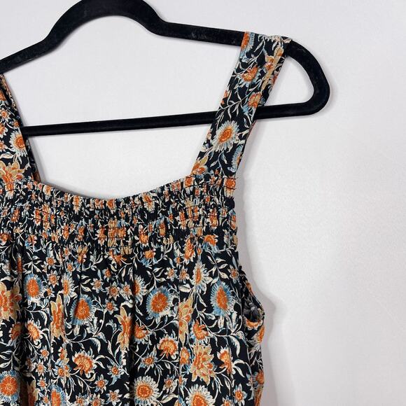Evereve XSmall XS Black Orange Floral Swing Tank Top Square Neck Printed Smocked - Picture 3 of 9